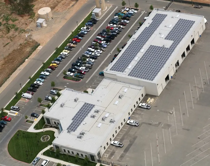 Aerial view of rooftop solar on an industrial building