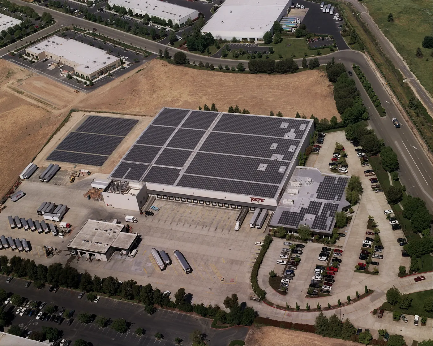 Aerial view of the rooftop solar array at Tony's Fine Foods